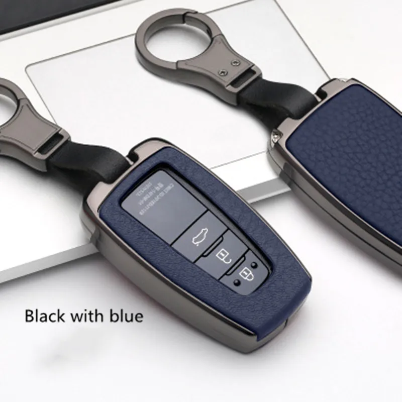Чехол для ключей автомобиля из сплава+ кожи, держатель для Toyota Prius CHR C-HR Camry, защитный чехол для ключей с дистанционным управлением - Название цвета: black with blue