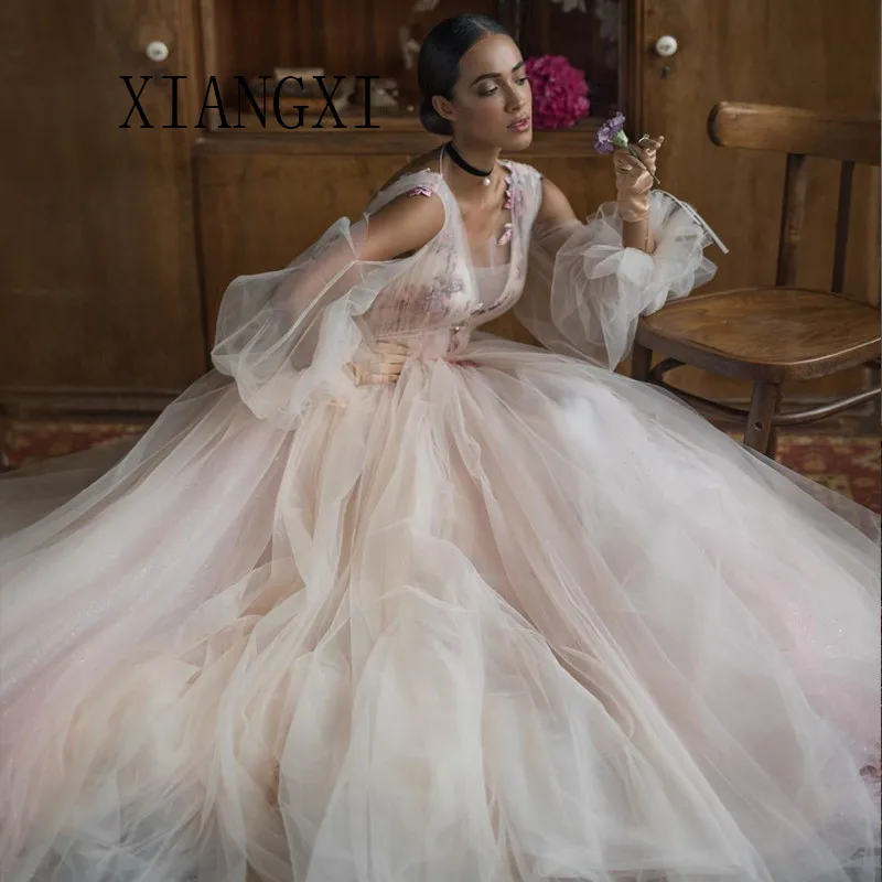 

Youthful Evening Dresses Tulle A-Line V-Neck Full Sleeves Lace Appliques Sweep Train Evening Party Dress Robe de soiree vestidos