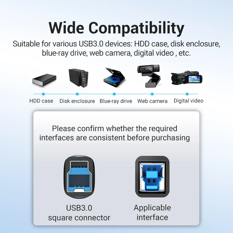 Vention USB C to USB Type B 3.0 Cable for HDD Case Disk Enclosure Web Camera Digital Video Blue ray Drive Type C Square Cord NEW