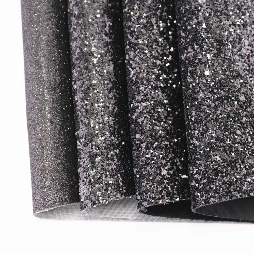 30x134cm Plain Solid Black Fine Chunky Glitter Fabric With Elastic Twill Felt Backing Faux Leather Roll For Bows Earring DT001