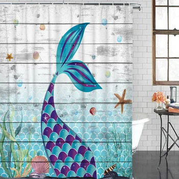 

Mermaid Ocean Shell Wood Plank Texture Waterproof Shower Curtain With Hook For Home Decoration Bathroom Shower Curtain