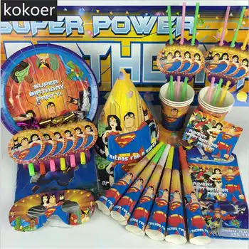 

54pcs Cartoon Superman Party Decoration Disposable Paper Napkins Banner Table Cloth Straws Cup Plates Birthday Party