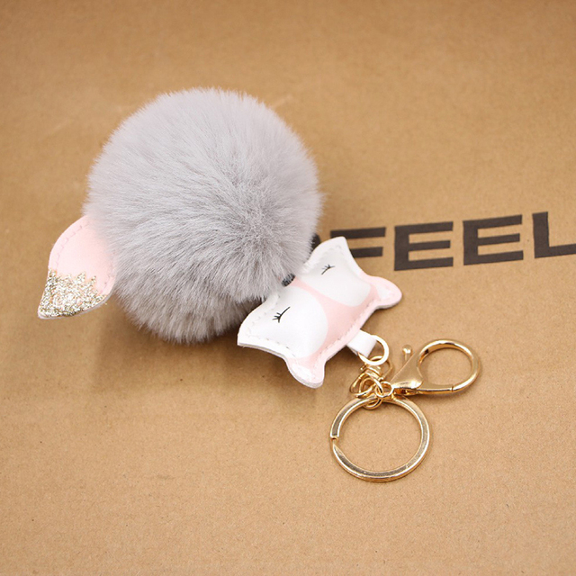Ball Keychain Charm Key Ring Cute Leather Fox Keyring Plush Fluffy Pompom Faux Rabbit Fur Ball Bag Car Key Charms Accessory