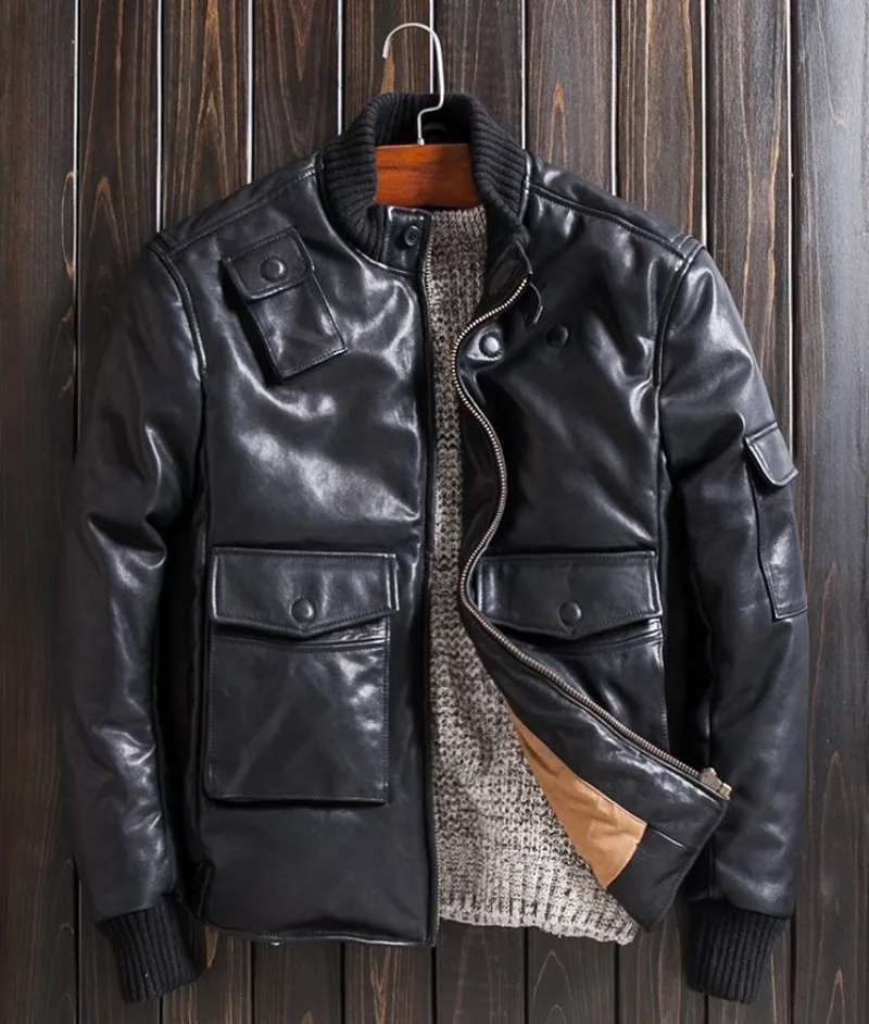 Down Jacket Мужская куртка из подлинной овчины брендовая Повседневная зимняя утепленная пуховая куртка модная уличная черная мотоциклетная куртка из натуральной кожи - Цвет: Down Jacket