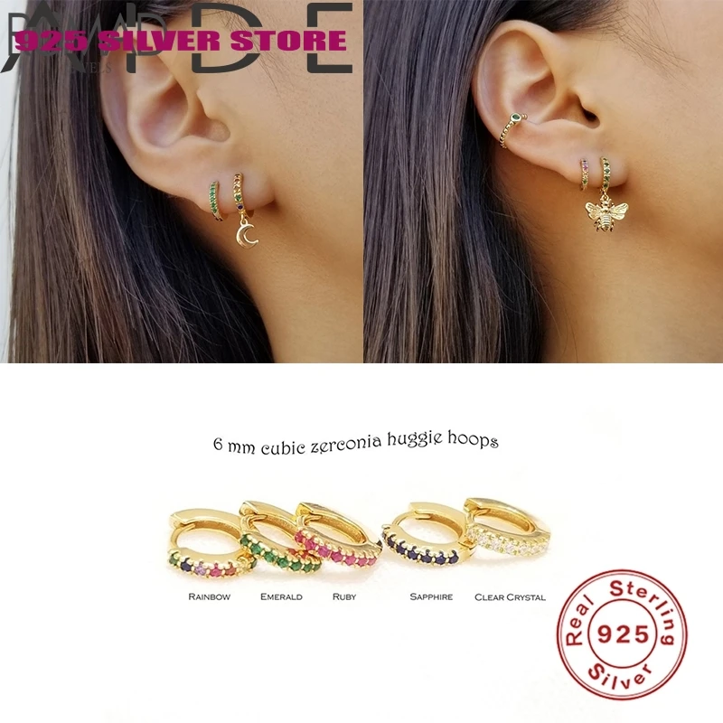 

Aide 1pcs 100% 925 Sterling Silver Hoop Earring kolczyki Rainbow CZ Huggie Earring For Women Fine Jewelry pendientes brincos W4