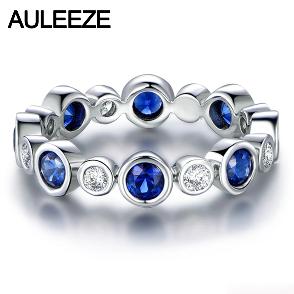 Classic 18K White Gold Anniversary Band Natural Sapphire Real Diamond Wedding Band Women All-match Daily Ring Sapphire Jewelry