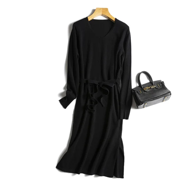 SuyaDream 2021 Winter Midi Dresses 100%Basulan Wool V neck Sashes Pullover Dress 2021 Fall Winter Sweaters for Woman Black black