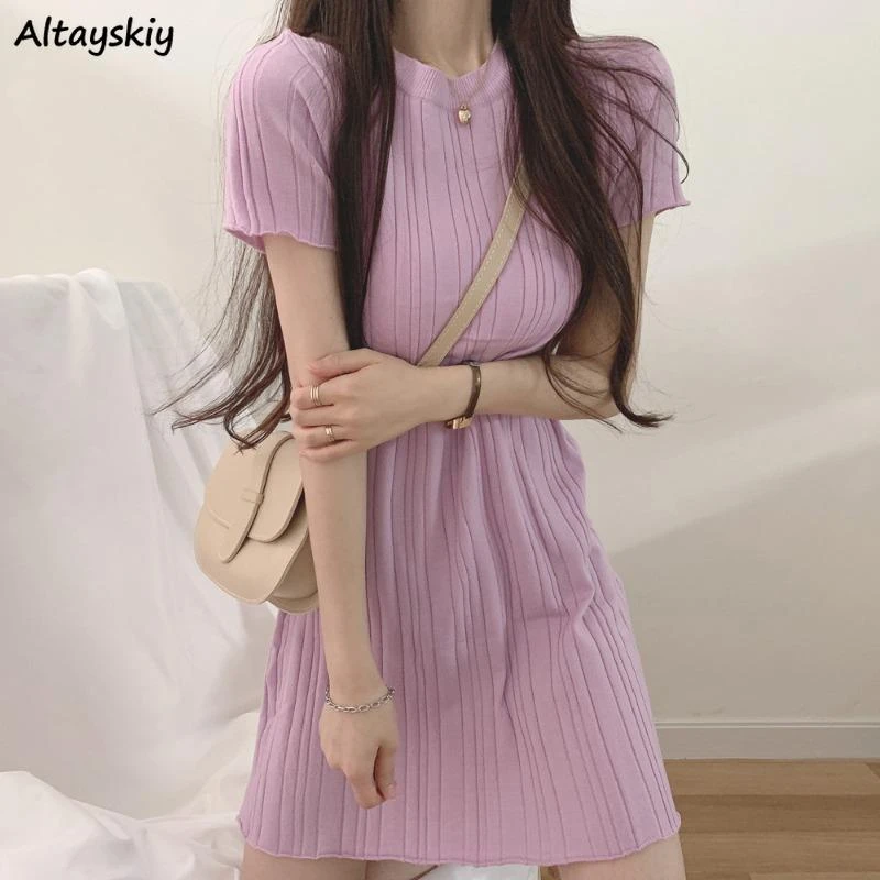 Dress Women Solid Simple All-match Student 5 Colors Fashion Female Ulzzang Sweet Vacation Chic Ins Knitted Leisure Elegant Ins long dress
