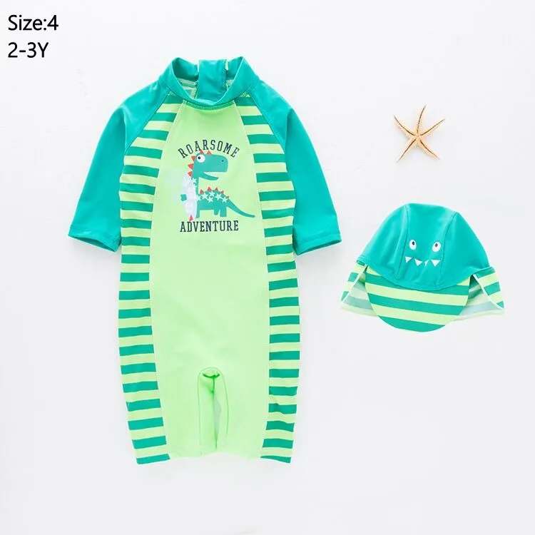 Новинка, летний купальный костюм для маленьких мальчиков+ шапочка, комплект из 2 предметов, купальный костюм в полоску с рисунком Кита одежда для купания для малышей, детский пляжный купальный костюм - Цвет: green 4