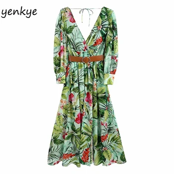 

Summer Dresses Women Green Printed Boho Long Maxi Dress V Neck Long Sleeve Sundress Sexy Backless With Belt A-line Chiffon Dress