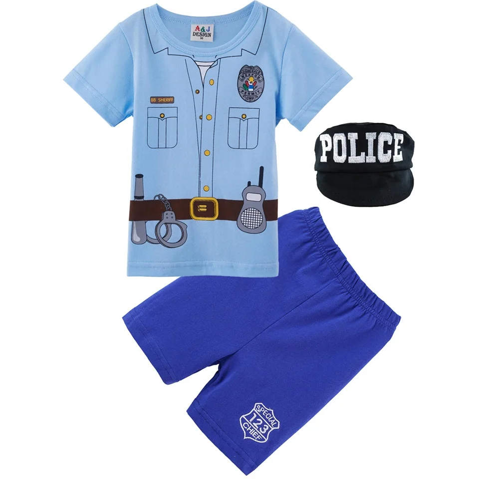 Комплекты одежды для маленьких мальчиков «Пилот», «полиция», костюм для новорожденных на Хэллоуин, летний костюм для мальчиков, топ с короткими рукавами+ штаны со шляпой - Цвет: Police