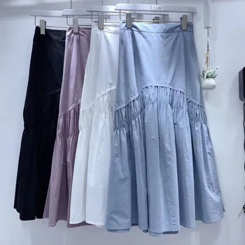 

PEONFLY 2020 New Summer Fashion Women Skirts Casual Koren Solid Color Ruffles High Waist A Line Skirt Ladies Purple Blue