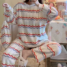 Stripe Flannel Women Pajamas Plants Sleepwear Winter Warm Pijamas Velvet Femme Lounge Home Wear 2 Pac/set Nighty Nightwear