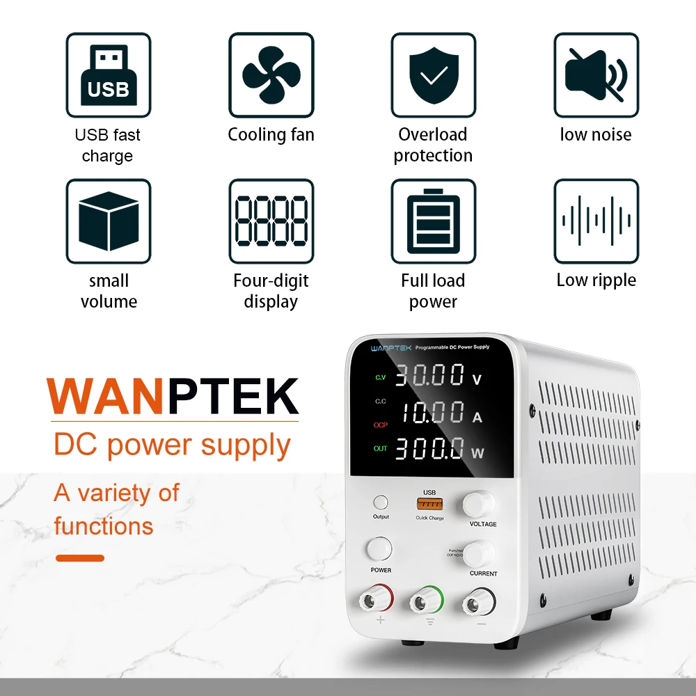 Wanptek-Fonte de Alimentação DC Ajustável com Display