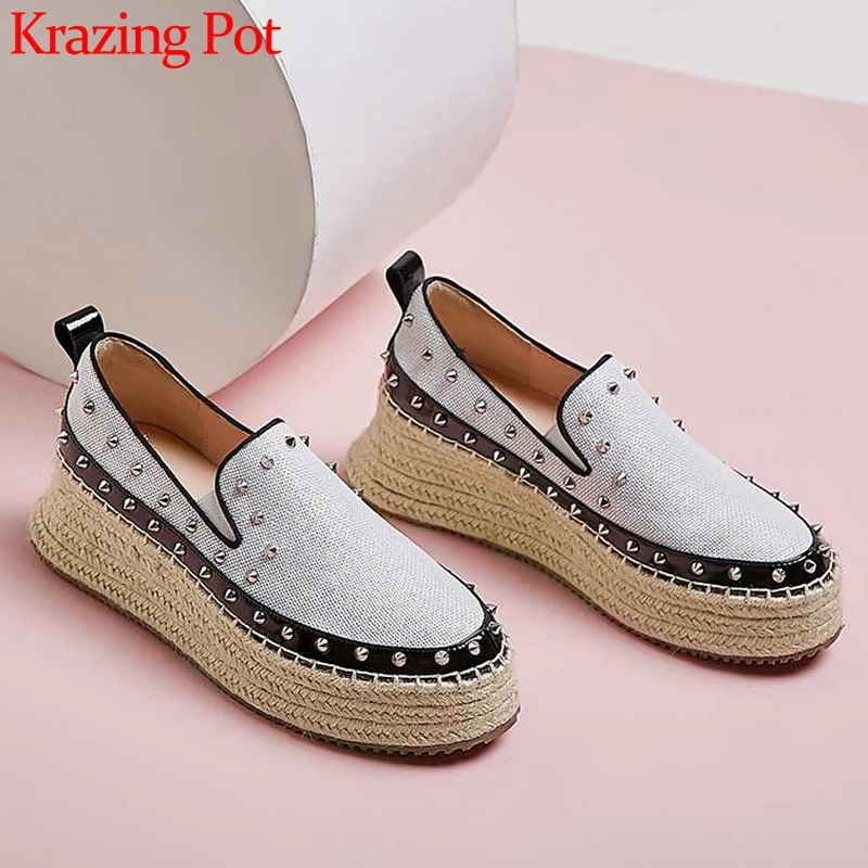 

Krazing Pot comfortable hemp cow leather slip on casual shoes fashion rivets weave thick bottom round toe autumn women pumps L91