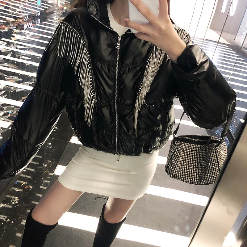 

2019 Winter Black Cotton Suit New Heavy Industry Hydraulic Drill Tassel Chain Detachable Zipper Bright Face Stand Collar Coat
