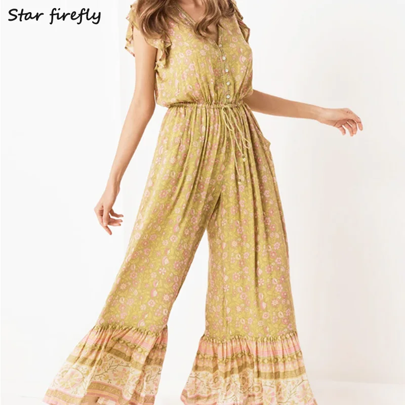 Звезда Светлячок Досуг Пляж сиамские широкие брюки женские Boho желтый цветочный принт короткий рукав комбинезон