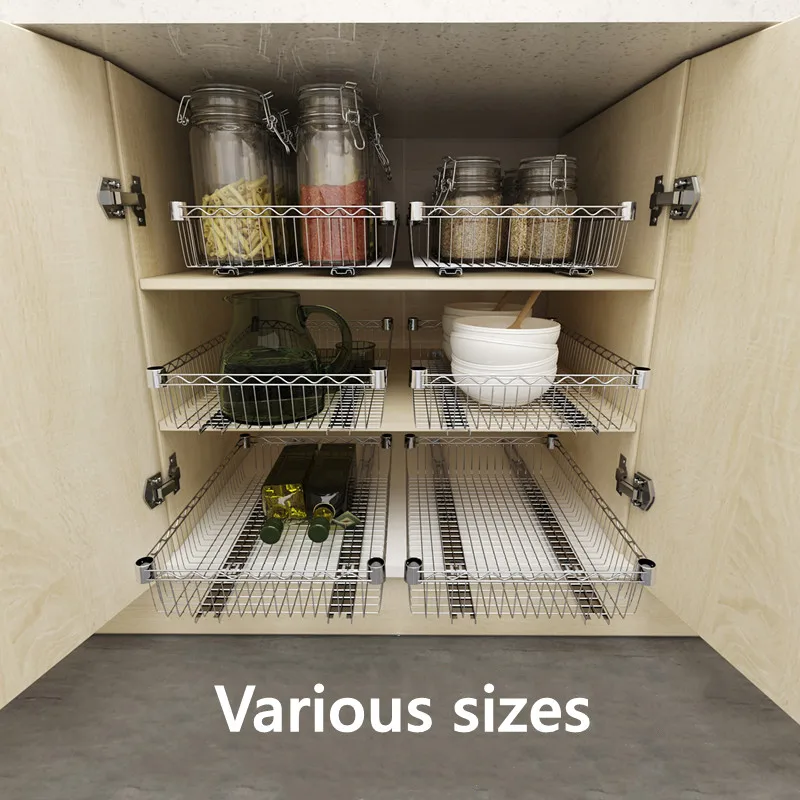 DIY Cupboard Drawer Basket Kitchen Storage Shelf Organizer Sliding Cabinet  Basket Pull Out Metal Drawer Type Mesh Basket - AliExpress