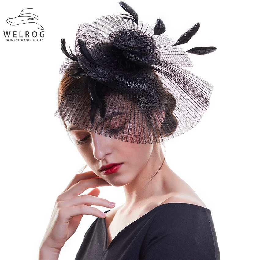 Шляпка WELROG женская с перьями элегантная вечерние няя Федора в полоску свадебный