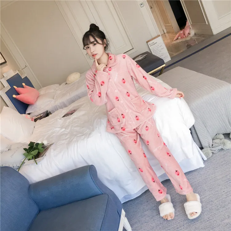 Autumn Winter Warm Flannel Women Pyjamas Sets Thick Coral Velvet Long Sleeve Cartoon Sleepwear Thin Flannel Pajamas Set for Girl