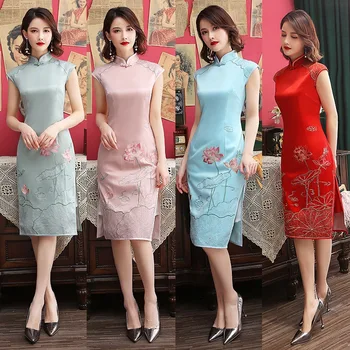 

Lotus Embroidery Mandarin Collar Qipao Women Cheongsam Chinese Traditional Dress Print Satin Dress M-4XL