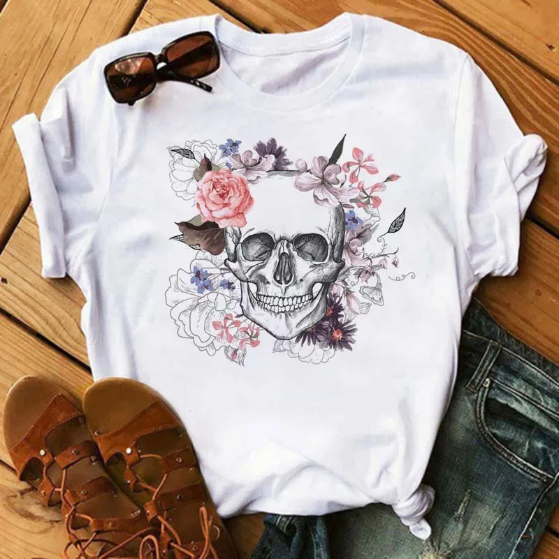 Fashion Leopard Skull Printed Women T-shirt Summer Loose Black Female T-shirt Casual Round Neck Harajuku Tops Woman Clothes 6