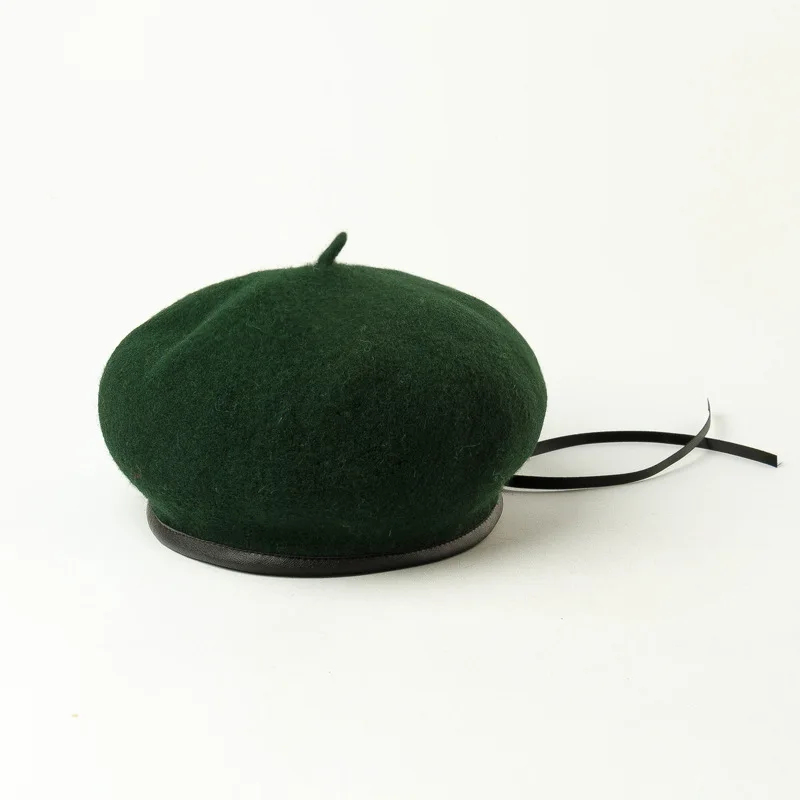 USPOP New winter hats women wool berets adjustable PU binding beret female wool hats autumn solid color caps thick warm hat - Цвет: dark green