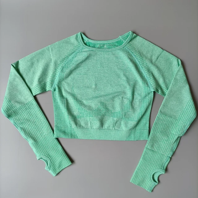 Personality Cotton Crop Top Sports Yoga Shirts women Long Sleeves Gym Workout T-shirts Fitness Sports Wear For Women Gym Tops Green