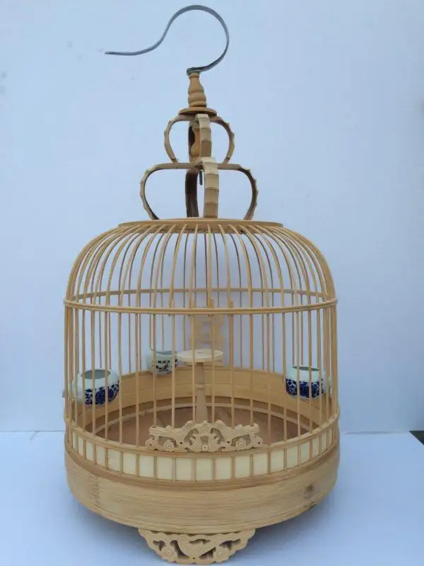 Asian Bamboo Bird Cage Round Carved Chinese Wooden Pet Nest Home 