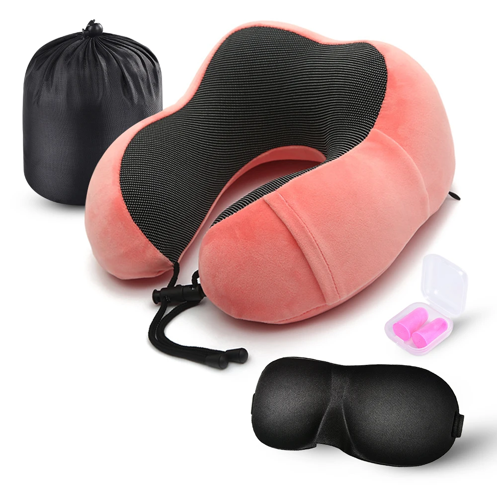 Urijk Подушка u-образной формы для путешествий с эффектом памяти, массажные подушки для шеи, постельные принадлежности, набор для путешествий с 3D масками для глаз, беруши, роскошная сумка - Цвет: Pink