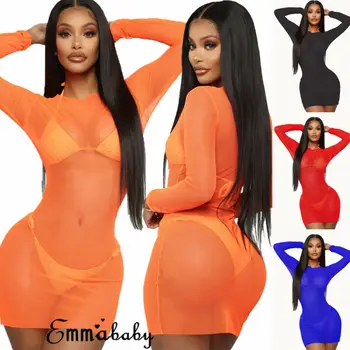 

Women Ladies Summer Beach Style Sexy Fishnet Long Sleeve Solid Mesh Bikini Cover Up Bathing Summer Beach Dress Swimwear Suit