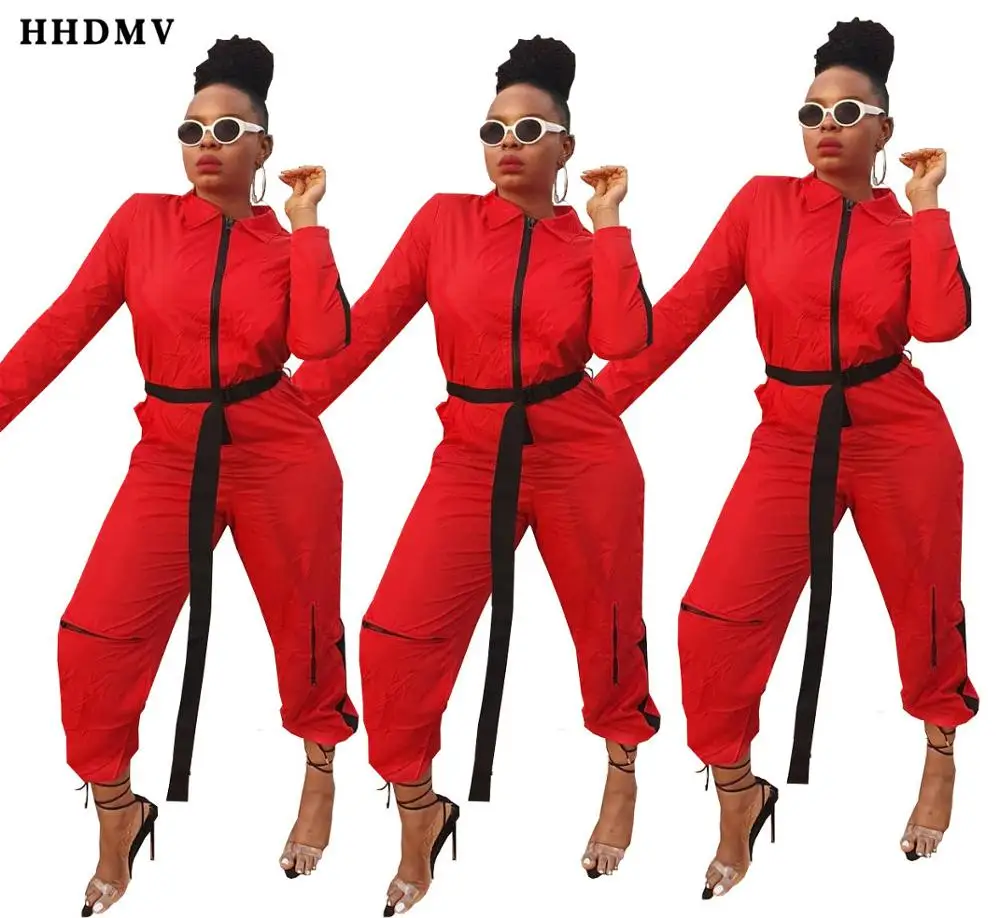HHDMV XM10832 women casual tooling style jumpsuits long sleeve lapel zipper sashes pure color simple jumpsuits long pants