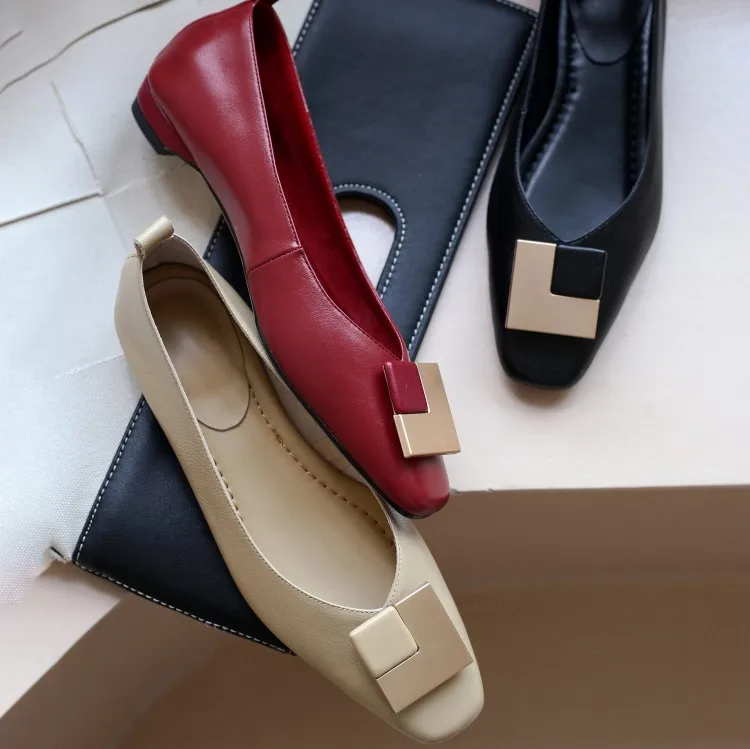 

2020 Spring New Style Shoes Women's Korean Square Head Low-Cut Metal Buckle WOMEN'S Genuine Leather Shoes Low-top Shoes Shoes fo