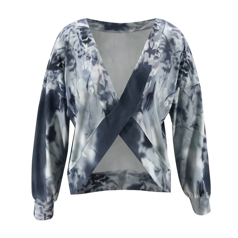 

Women Navy Blue Printed T-shirt, Sexy Long Sleeve Deep V-neck Loose Pullover, Two Ways to Wear