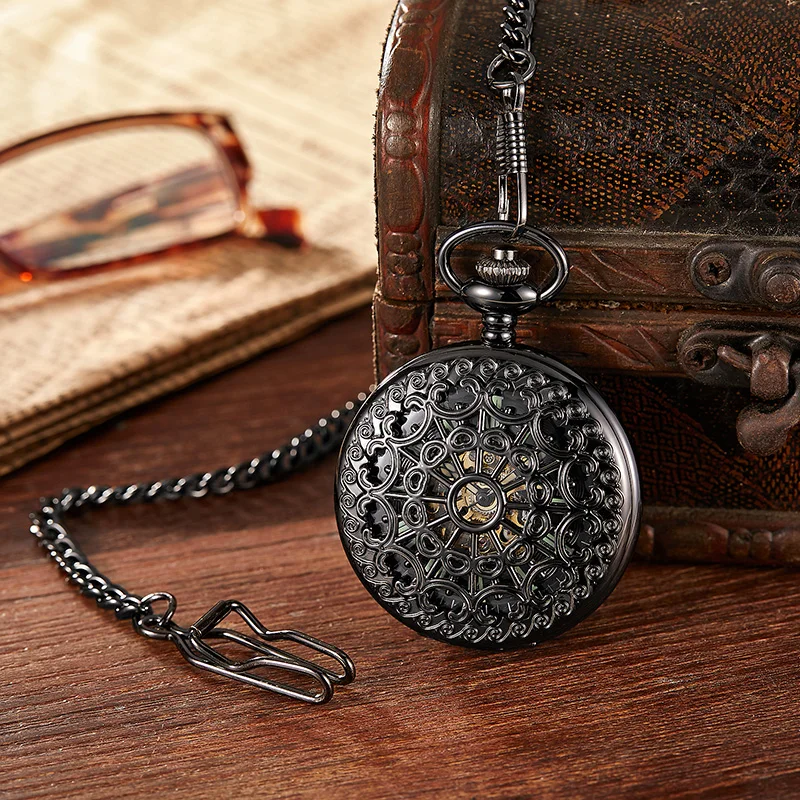 2021 New Black Mechanical Pocket Watch Vintage Pendant Hollow Exquisite Hand-winding Pocket Clock for Unisex  Relogio De Bolso