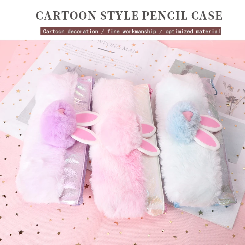 

Girls pencilcase 3D rabbit plush multi function make up PVC pencil case stationery for girl