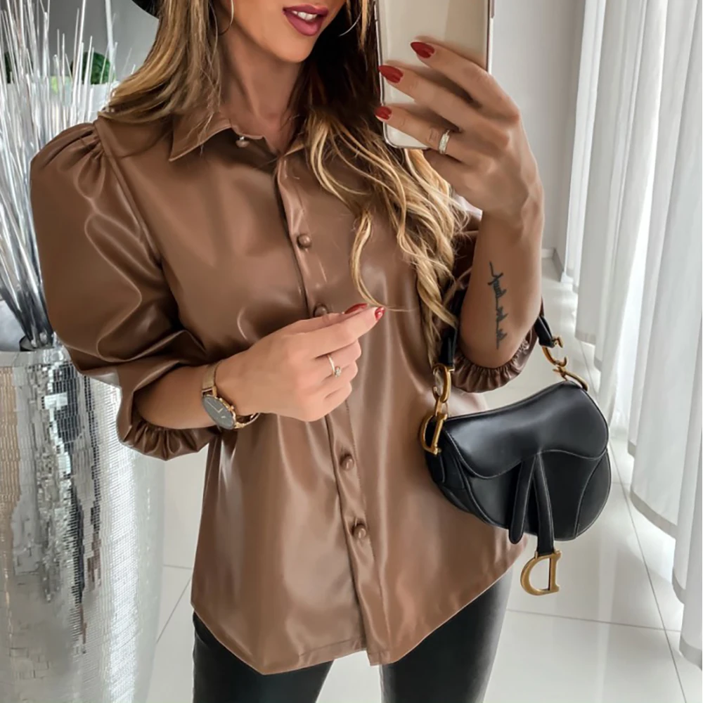Leather Shirts Blouses Woman 2019 New Casual Lapel Pull Sleeve Khaki Tops Spring Autumn Ladies Button PU Shirt Women Blouse D30