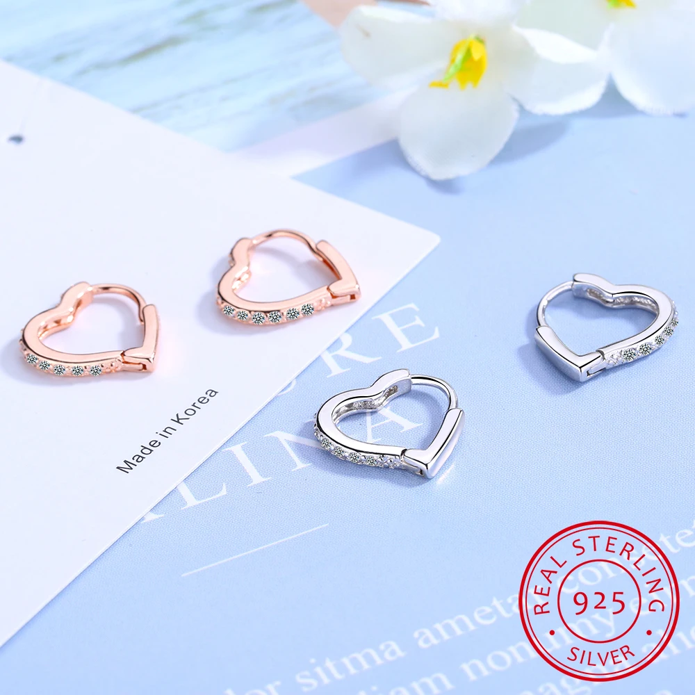 925 Sterling Silver Heart Hoop Earring Rose Golden CZ Rhinestone Bridesmaid Ear Buckle Wholesale Price | Украшения и аксессуары
