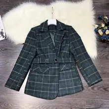 Зимняя коллекция для европейских и американских женщин, модное зеленое клетчатое шерстяное пальто с длинным рукавом и отворотом