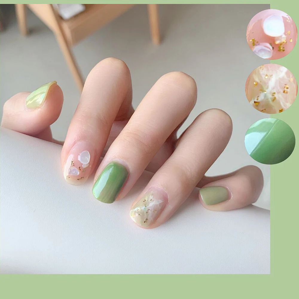 24Pcs Green False Nails with Shell sequins Design Round Head Fake Nails  Full Cover Detachable Nail Art Tips Press On Nails|False Nails| - AliExpress