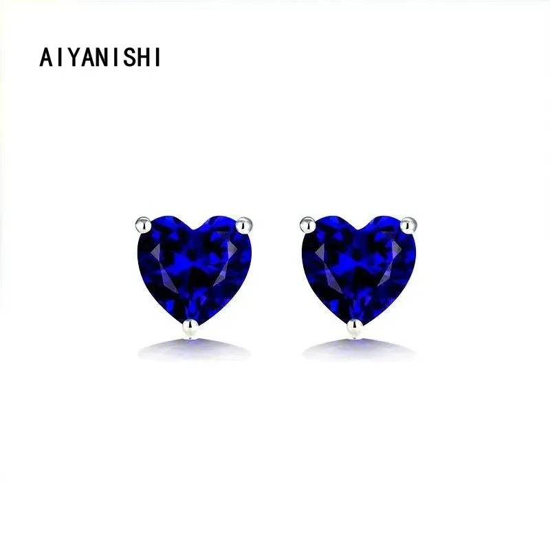 

AIYANISHI 925 Sterling Silver Earrings Created Sapphire Heart Stud Earrings For Women brincos pendientes bijoux Wedding Jewelry