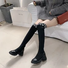 Эластичные сапоги выше колена; женские носки; черные сапоги; высокие облегающие трикотажные сапоги; кроссовки на платформе; Дизайнерская обувь
