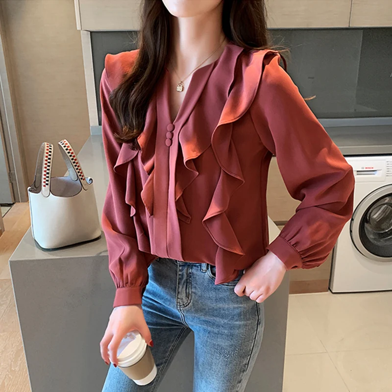 

Autumn Korean Fashion Chiffon Women Blouses Ruffles Womens Tops and Blouses Plus Size XXL Lantern Sleeve Red Women Shirts