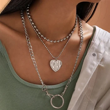 

IngeSight.Z 3Pcs/Set Multi Layered Love Heart Beaded Chain Choker Necklace Geometric Big Round Circle Pendant Necklaces Jewelry