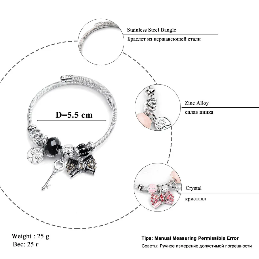 RAVIMOUR, женские браслеты, браслеты, ювелирные изделия, нержавеющая сталь, манжета, браслет с большим бантом, хрустальный шар, ключ, дерево, подвески, Pulseira