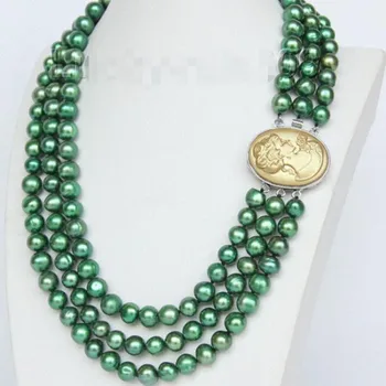

FREE shipping>>> >>>Genuine 16" 3 Strand 9mm green FW pearls necklace cameo seashell clasp