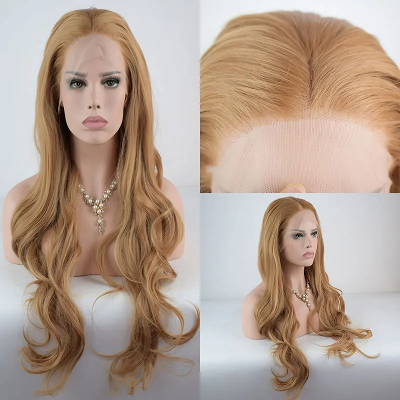 Bombshell Золотой коричневый цвет синтетический 13*3 дюймов парик фронта шнурка Glueless естественная волна термостойкие волокна волос для женщин парики