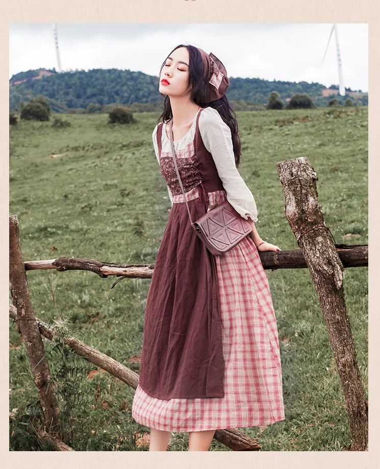 Японский Mori Girl осень весна женское длинное платье в клетку цветочный бандаж Vestidos элегантное винтажное Prairie шикарное хлопковое льняное платье