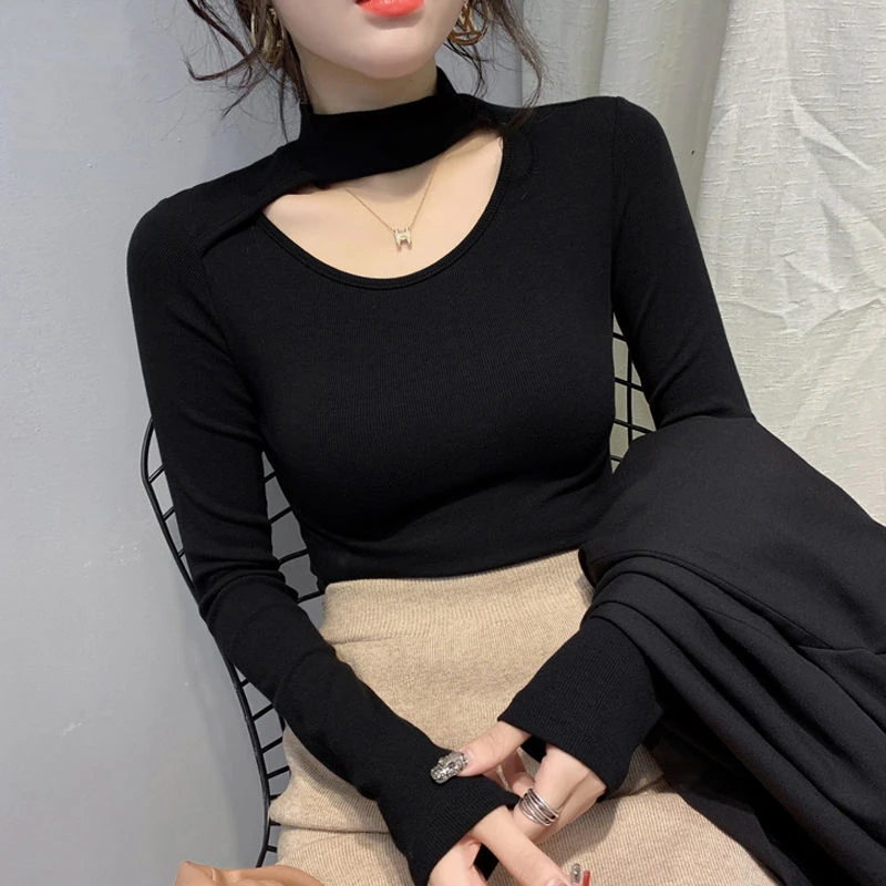 de manga larga con cuello colgante para mujer, Top con cuello descubierto, ropa Sexy de otoño e invierno|Camisetas| - AliExpress