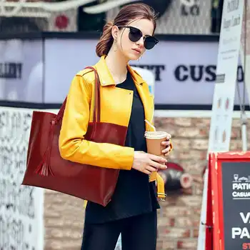 

Women'S Soft Leather Tote Shoulder Bag From Tassel Handbag(Red Wine)